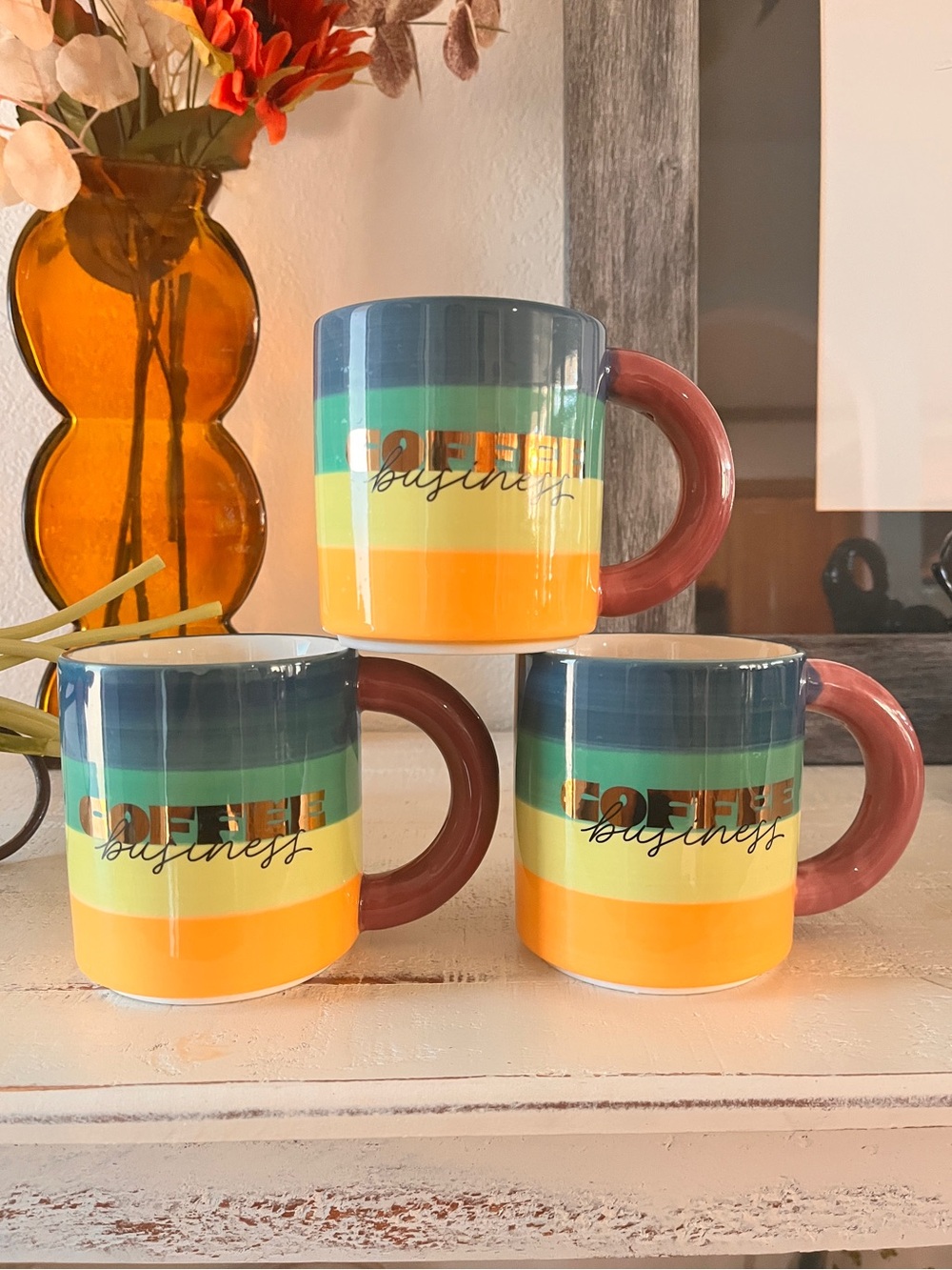 Set of 3 “COFFEE business” Rainbow Stripe Mugs.